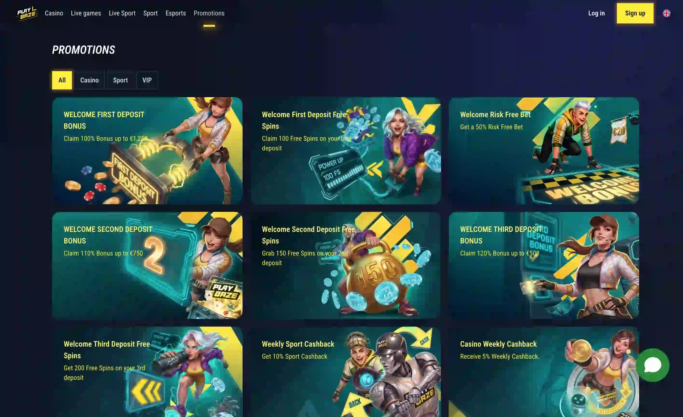 Página de bonos de Playbaze Casino España con el paquete de bienvenida y el bono semanal